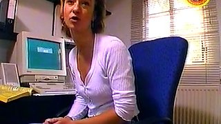 Sexy German secretary sucks and jerks off a dick in the office