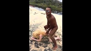 Interracial Threesome on the Beach - Amateur Doggy Style