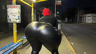 Big Ass Stepmother in Tight Black Leather Leggings at Bus Stop