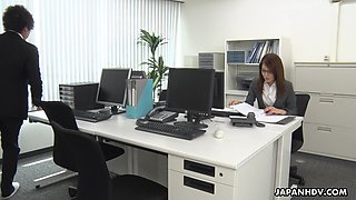 Too tired of office work Japanese lady Mao Saitou plays with her shaved pussy