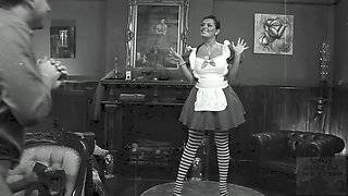 Busty Brunette Striped Thigh High Stockings and Corset