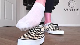 Peppermint Giantess Performs Naughty Office Foot Tease in Cheeky Checkerboard Vans with Slow Toe