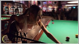 Braless Tits And Pussy Exposed At The Pool Hall!
