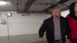 Horny brunette in sexy stockings swallows a warm load outdoors