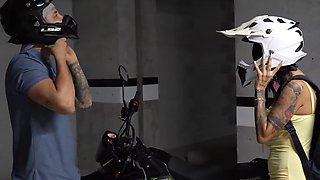 Been on a long motorbike ride together and got real horny for another ride