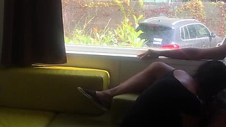 Risky Public Blowjob In Front Of Window - Hot Brunette MILF Wife On Her Knees Outdoor Camping