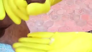 Long Yellow Latex Handjob FemDom
