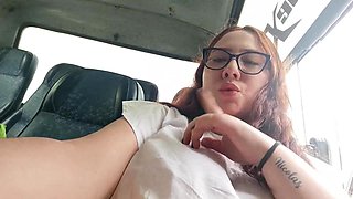 Chubby girl masturbates in the public bus