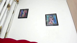 Busty curly brunette with big boobs fucks on couch