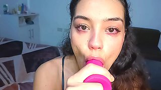 Hot College Girl Deepthroating a Dildo and Keeps Asking for Cum on Her Face