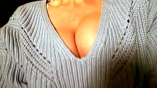 Busty curly brunette with big boobs fucks on couch