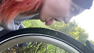 Outdoor fucking with bicycle seat, handle, wheel humping, riding with dildo in pussy and ass