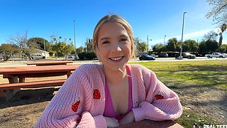 Beautiful woman with natural tits Becky Summer gives a great blowjob in a car.