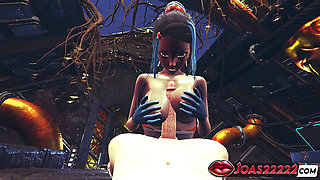 Nessa 3D Hentai Animation - Busty Girl in Sexy Bodysuit and Blue Latex Gloves Delivers Fetish Handjob Service Cumshot