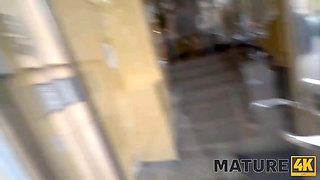 Mature4k. brunette mature lady in crimson hooks up with the fellow