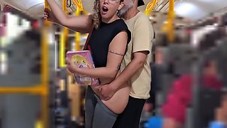 Young whore student gets fucked by an older guy right on the bus in public