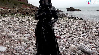 Gas Mask Goddess - Rubber Wetsuit & Pvc Mac Beach Tease
