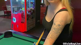 Pool game leads to public toilet! Slutty blowjob!