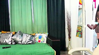 Busty curly brunette with big boobs fucks on couch