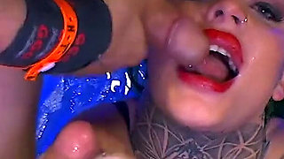 Busty babe Phoenix Madina enjoys pissing bukkake with four big cocks