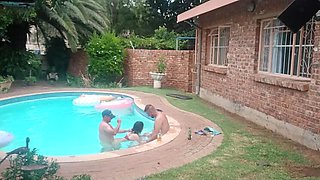 Horny Babe Gets Two Cocks by the Pool - Blowjob & Doggy