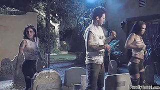 Redhead Awakens Her 3 Undead Friends And Gets Fucked By