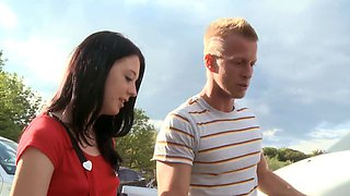 Teen Olga in tight nylons, wild ride with her lover outdoors