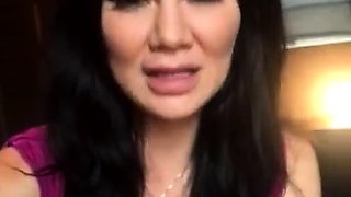 Busty curly brunette with big boobs fucks on couch