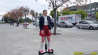 Pamela Sanchez riding the hover board with the dildo