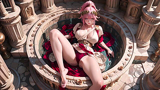 Soaking Lazily in a Grand Stone Bath and Rose Garden, Transitioning From Noble Poses to Intimate Floor Crawling.