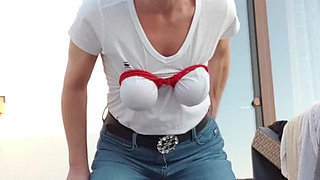 Squirt in Jeans on Balcony