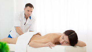 Deep vaginal sex during erotic massage for a skinny girl with small tits