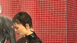 Latex Catsuits Shower Fun - Splashing, Shining, and Milky Play