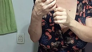 Busty curly brunette with big boobs fucks on couch