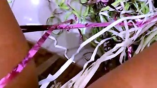 Busty curly brunette with big boobs fucks on couch