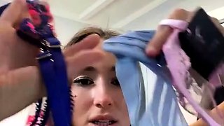 Busty curly brunette with big boobs fucks on couch