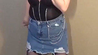 Stripping in Denim Miniskirt Holdups and Heels