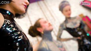 3 Latex Femdoms dominate Tattooed Slave - Sounding, Ureta Fingering, Dominatrix