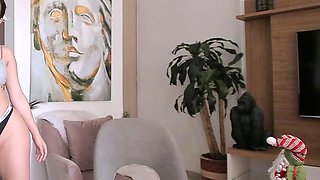 Sexy Brunette Babe Spreads Legs And Masturbates Shaven Twat