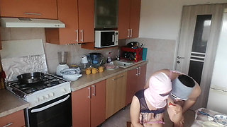 Hot amateur couple having fun in the kitchen. Sexy mom has breakfast in the bedroom, hairy, big, big ass