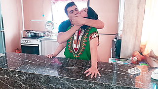 stepson surprises his Indian stepmother with a hot fuck in the kitchen