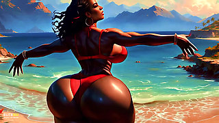 4K 100% Ai Generated 3D Soft Looping Pmv: Dark-skinned Thick Ass Gentle Twerk on Tropical Beach in Sexy Bikinis