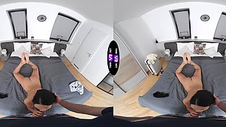 Brunette babe Alyssa seductively strokes her shaven pussy in VR