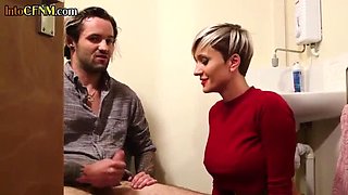 Tattooed blonde babe jerks big dick with her hands - CFNM femdom fun