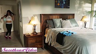 Step mom trains fit daughter-in-law how to wank