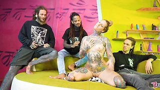 Tattooed maid demolished 3 dongs, Double Penetration savage rectal gapes